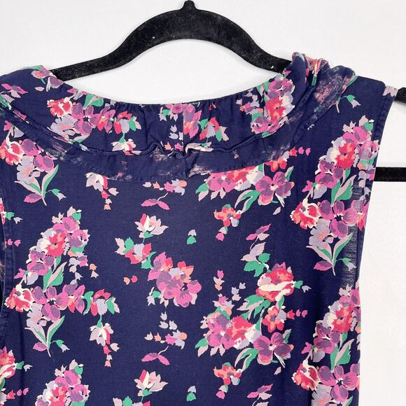 Express Womens Medium Navy Blue Pink Floral Ruffled Front Sleeveless Blouse Top - Picture 5 of 7